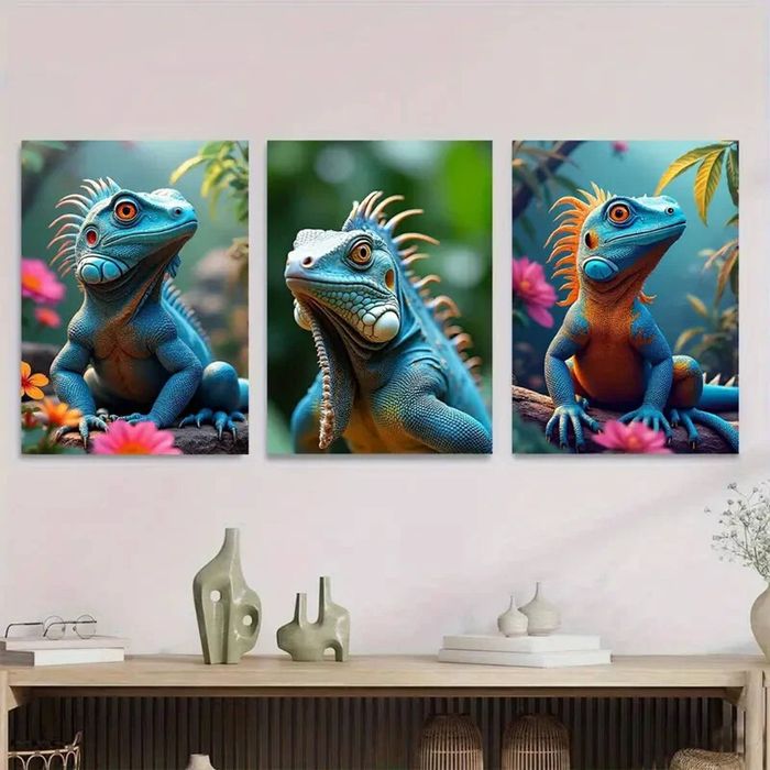 3pcs Vibrant Blue Iguana Triptych Nature Scene Print 100% Australian Made 3 x 40x60cm (Metal Print)