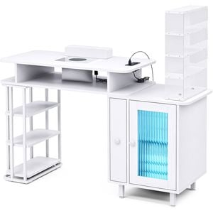 Ufurniture Nail Desk Manicure Table with Dust Collector, Removable Acrylic Shelf, LED Light, Charging Station White