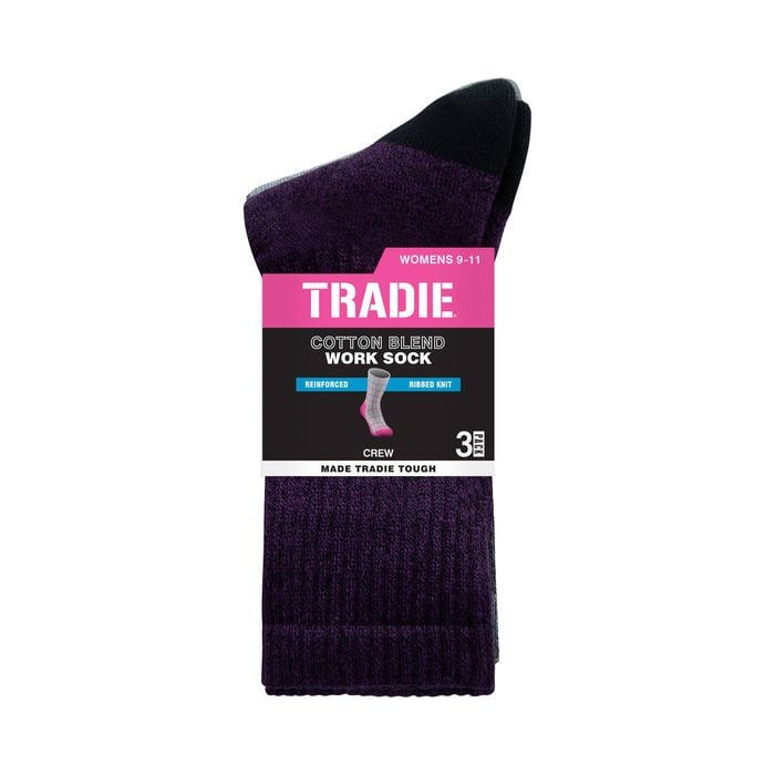 Tradie Women's Multi Ribbed Cotton Crew Socks 3 Pack Size 9-11