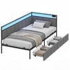 Advwin Corner Single Bed Frame With 2 Storage Drawers And Charging Station Led Lights Gray