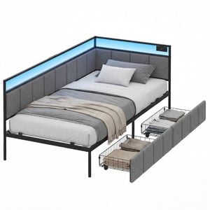 Advwin Corner Single Bed Frame With 2 Storage Drawers And Charging Station Led Lights Gray
