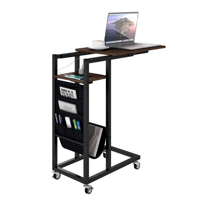 Costway C-shaped End Table Retractable Rolling Bedside Table W/charging Station