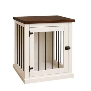 Paws and Willow Bedside Table  Arctic White with Espresso Top Wooden Dog Crate Hinged Door with Bars