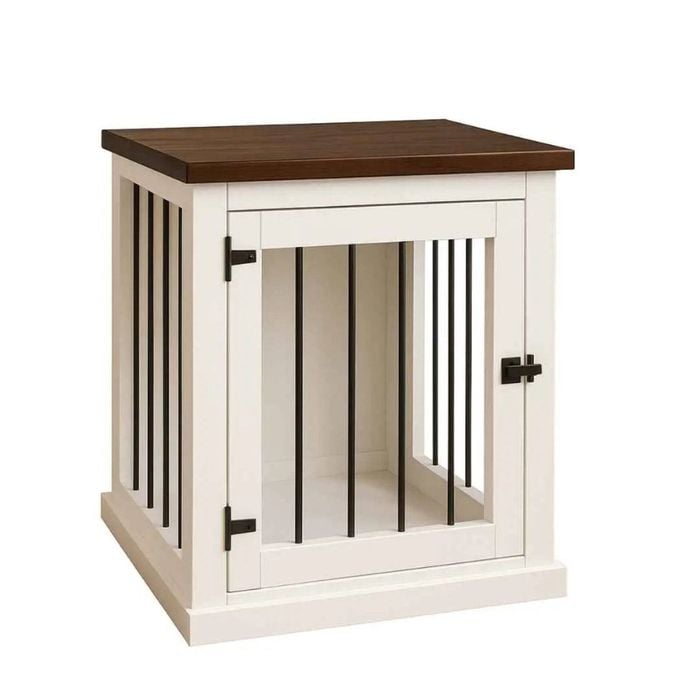 Paws and Willow Bedside Table  Arctic White with Espresso Top Wooden Dog Crate Hinged Door with Bars