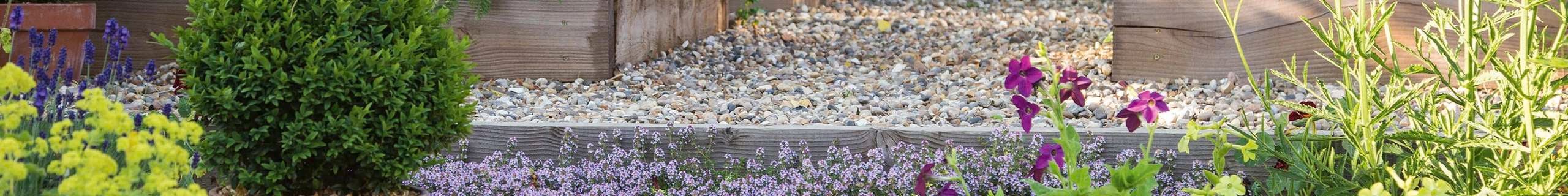 Garden bed with pebble pathway.