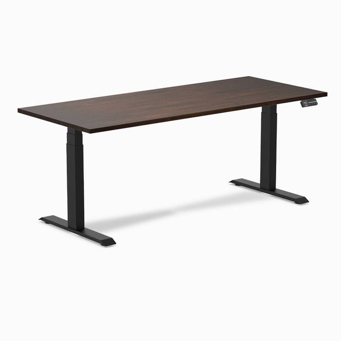Desky Dual Dark Walnut Rubberwood Sit Stand Desk 180x75cm Matte Black Frame Leg