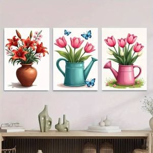 3pcs Red Lilies Pink Tulips Blue Butterflies Print 100% Australian Made 3 x 40x60cm (Metal Print)