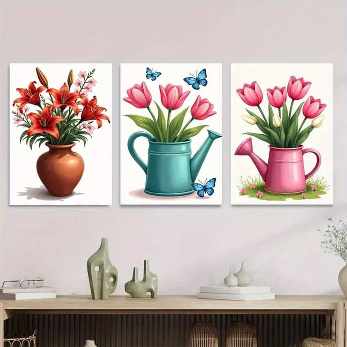 3pcs Red Lilies Pink Tulips Blue Butterflies Print 100% Australian Made 3 x 40x60cm (Metal Print)
