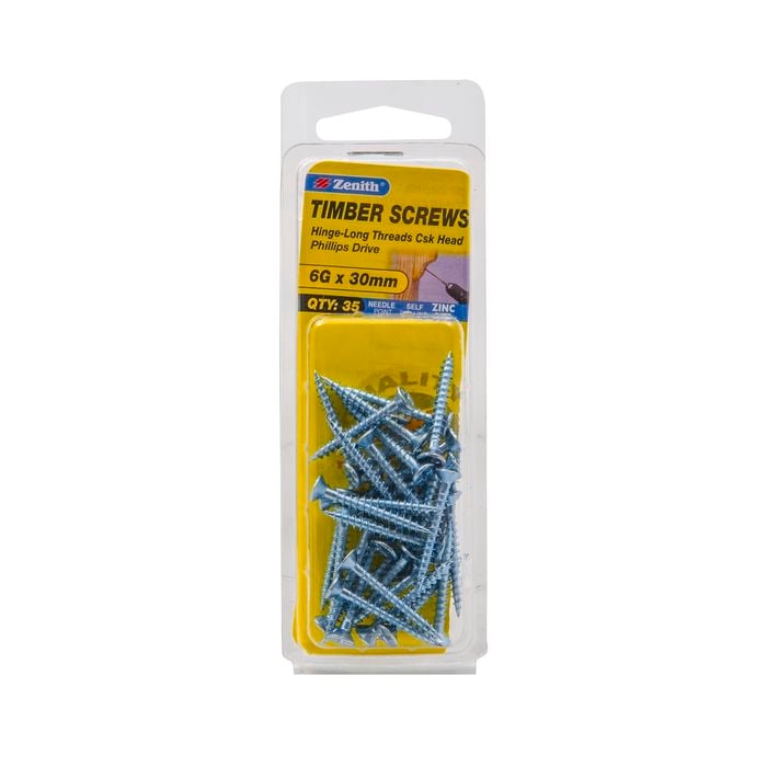 Zenith 6g x 30mm Zinc Plated Hinge-Long Thread Timber Screws - 35 Pack
