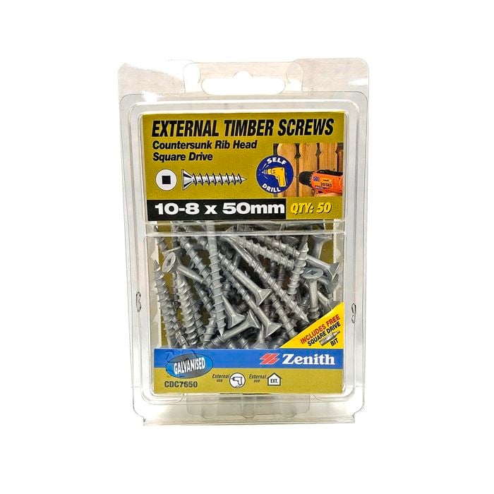 Zenith 10 - 8 x 50mm Galvanised Square Drive Countersunk Ribbed Head Timber Screws - 50 Pack
