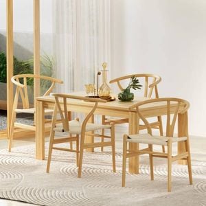HOMFURN Set of 4 Wishbone Dining Chairs – Natural Rubber Wood, Rattan Woven Seat, Kitchen Cafe Chair