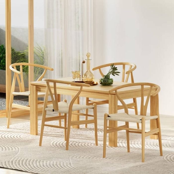 HOMFURN Set of 4 Wishbone Dining Chairs – Natural Rubber Wood, Rattan Woven Seat, Kitchen Cafe Chair