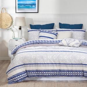 100% Cotton Single Quilt Cover Set - Hampton - Cream/Blue