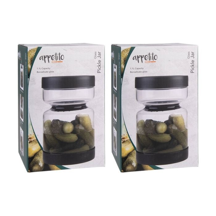 2pk Appetito Borosilicate Glass Pickle Jar W/ Built-in Drain Insert Black 1.1l