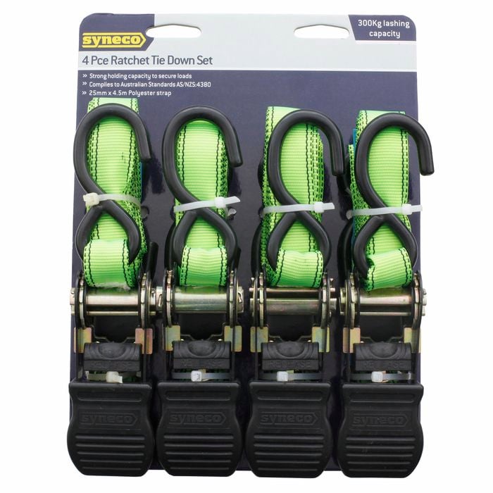Syneco 25mm x 4.5m S Hook Ratchet Tie Down Set - 4 Pack