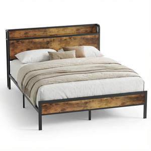 Advwin Metal Bed Frame Queen Size Storage Headboard with Charging Station and USB Ports