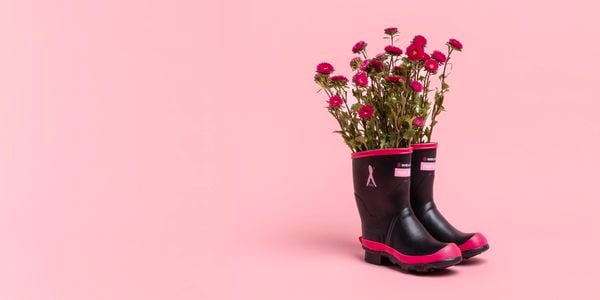 gumboots with a pink bacjground 