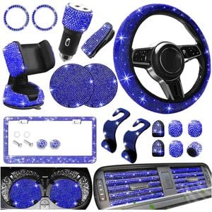 Catzon 27pcs Bling Car Accessories Set Universal Fit 15in Steering Wheel Covers-blue