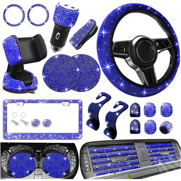 Catzon 27pcs Bling Car Accessories Set Universal Fit 15in Steering Wheel Covers-blue