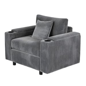 Advwin Single Sofa w/ Storage Armrests Corduroy Armchair w/ Cup Holder Modern Lounge Sofa Couch with Cushion Grey