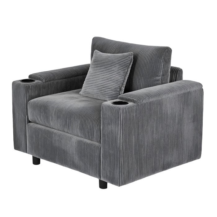 Advwin Single Sofa w/ Storage Armrests Corduroy Armchair w/ Cup Holder Modern Lounge Sofa Couch with Cushion Grey