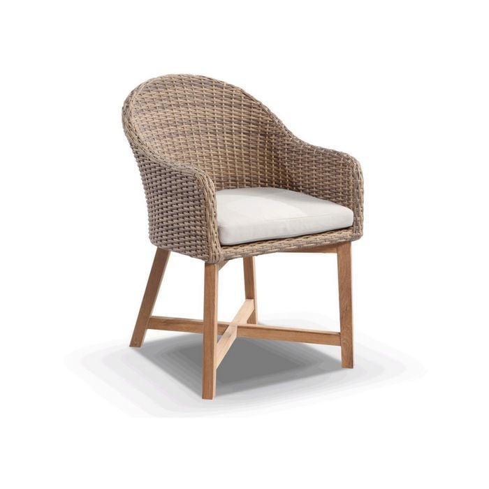 Outdoor Coastal Wicker Dining Chair With Teak Timber Legs In Brushed Wheat