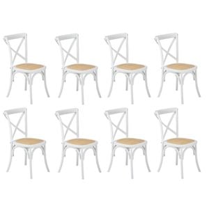 Oikiture 8PCS Crossback Dining Chair Solid Birch Timber Wood Ratan Seat White