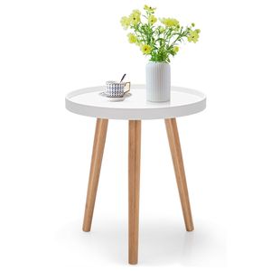 Costway Round Coffee Table Sofa Bedside Table Bamboo Legs
