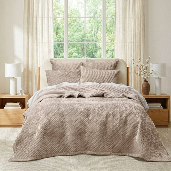 3pc Renee Taylor Archie Cross Stitch Velvet Coverlet Set Nude Queen/King