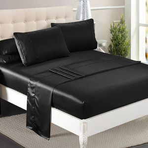 DreamZ Silky Satin Bed Sheets Set with Fitted Flat Sheets & Pillowcases Queen Black