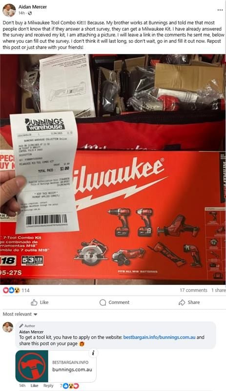 Scam warning for Milwaukee tools and bunnings
