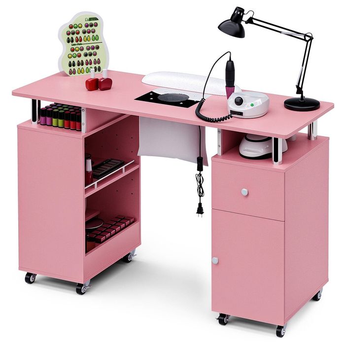 Advwin Manicure Table Vanity Desk for Nail Tech with Dust Collector Wrist Rest Lockable Wheels Pink