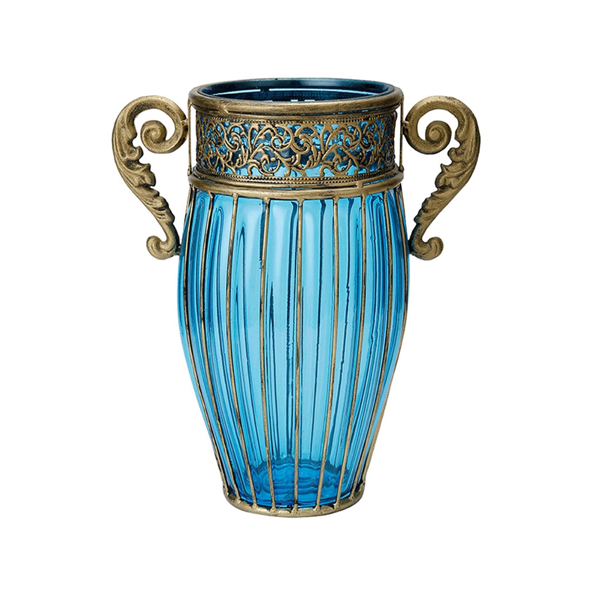Soga Blue Colored Glass Flower Vase With Two Metal Handle - Bunnings ...