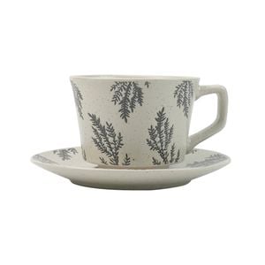 Lanci Aristo 380ml Earthy Grey High-Fired Ceramic Stoneware Speckle Cup & Saucer Set with Tea Spoon Floral