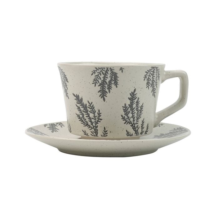 Lanci Aristo 380ml Earthy Grey High-Fired Ceramic Stoneware Speckle Cup & Saucer Set with Tea Spoon Floral