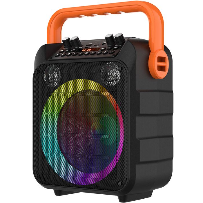 YOPOWER Mini Karaoke Machine, 2 VHF Mics, 6.5" Woofer, Dynamic Lighting