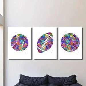 3pcs Watercolour Rainbow Football Art Print 100% Australian Made 3 x 40x60cm (Metal Print)
