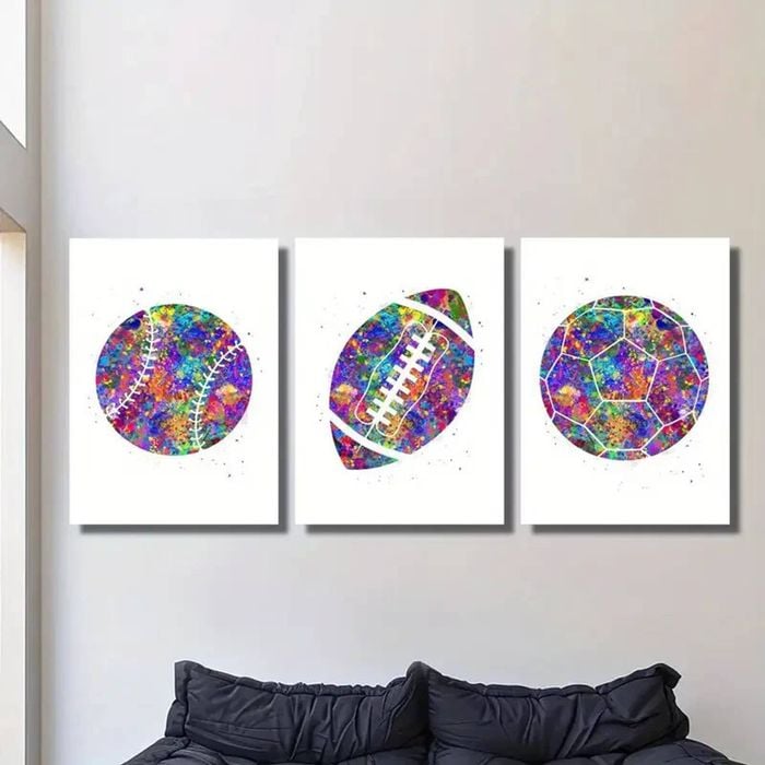 3pcs Watercolour Rainbow Football Art Print 100% Australian Made 3 x 40x60cm (Metal Print)
