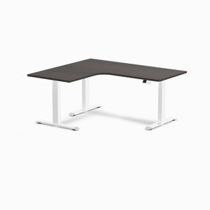 Desky L-shape Sit To Stand Burnished Wood Melamine Desk 1600x1400mm - Left Return Height Adjustable White Leg