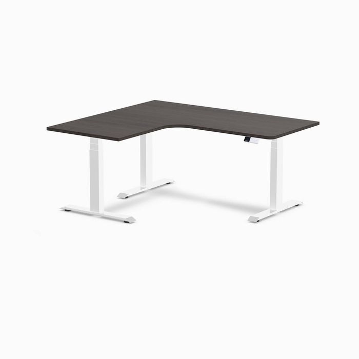 Desky L-shape Sit To Stand Burnished Wood Melamine Desk 1600x1400mm - Left Return Height Adjustable White Leg