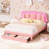 Advwin Double Bed Frame with 2 Drawers and LED Light Charging Station Velvet Upholstered Adjustable Headboard Pink