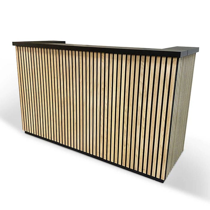Modern Furniture Kento 180cm Reception Desk - Black & Oak Timber Slat Acoustic