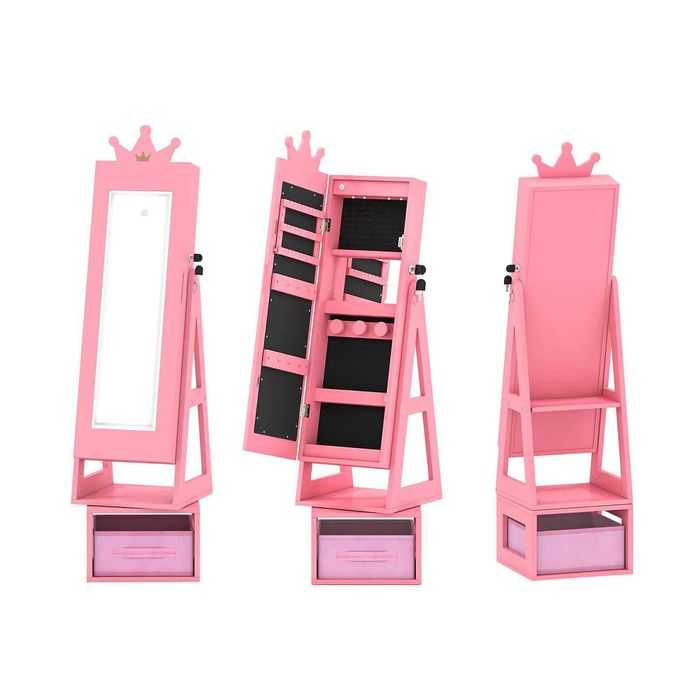 Costway Kid 3in1 Mirror Jewellery Cabinet Jewelry Organizer Armoire Pink