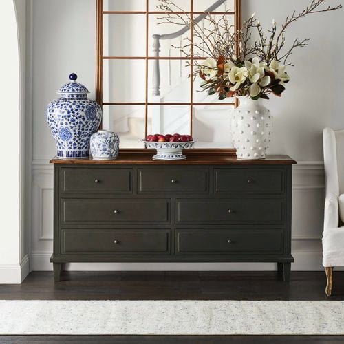 Porter's
  Paint Revive Furniture Paint in Black Cockatoo. Mirror in Revive Metallic
  Bronze Gold