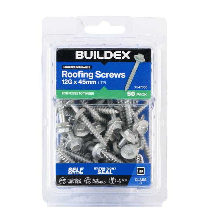 Buildex 12G x 45mm Class 3 Roofing Screws with Seal - 50 Pack