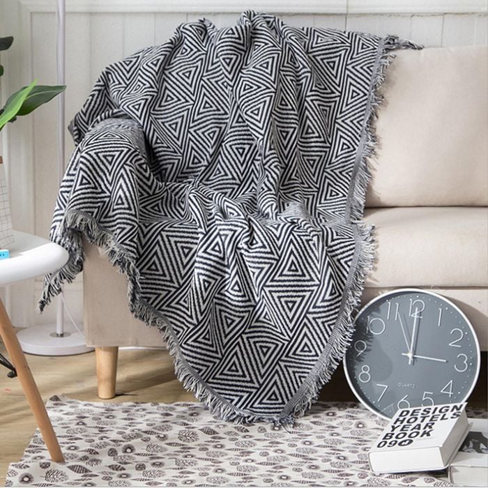 CottonMore Slub PolyCotton Knitted Blanket Geometry Pattern Sofa Bed Leisure Throw Rug 180x230cm