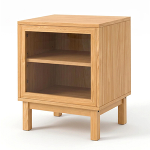 MIUZ Bedside Table with Glass Door, Solid Oak Veneer & Storage Shelf 50x40x55cm