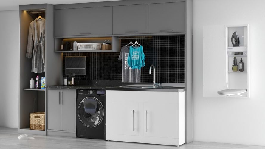 Supertub and ironing board in a modern laundry with grey cabinets