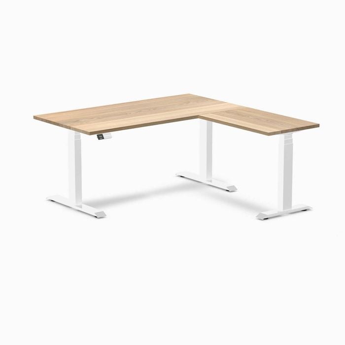 Desky L-shape Sit To Stand White Ash Hardwood Desk 1500x1550mm White Height Adjustable Leg