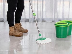 Mopping tiles with a mop and a bucket.